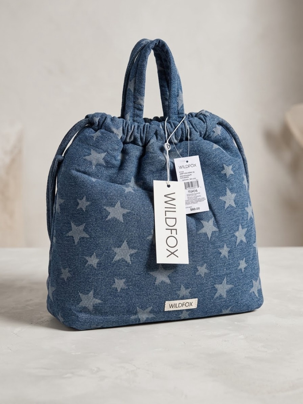 Wildfox Denim Blue Star Drawstring Tote